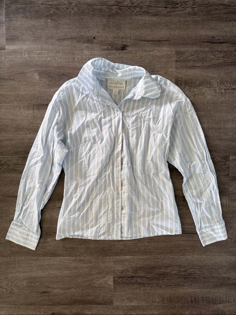 Anthropologie Mare Mare Light Blue and White Striped Long-Sleeve Dress Shirt